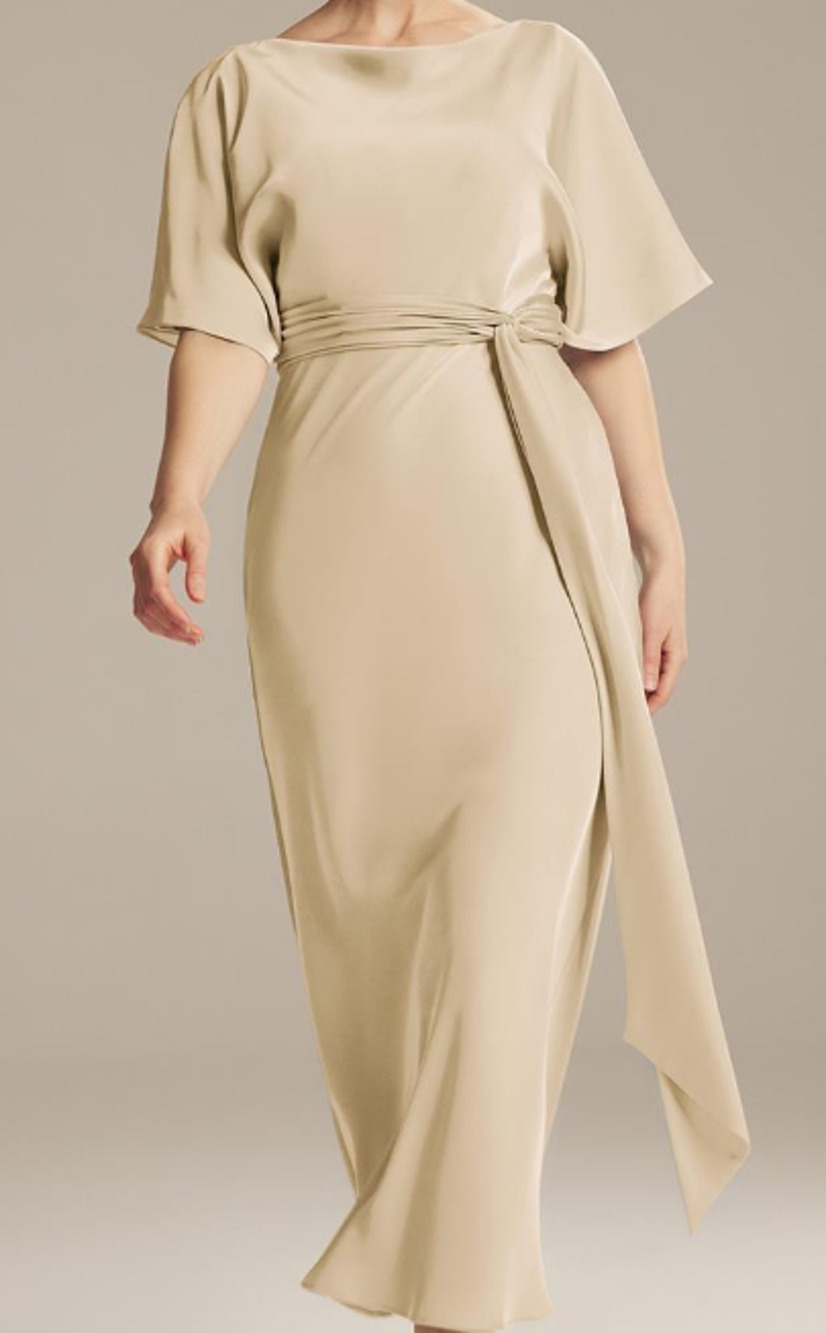 FORMAL AW 8 M cream champagne satin Romula party bridesmaid midi dress NEW 0b16